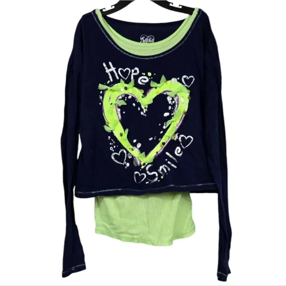 Justice Girls Layered Top Size 12 Navy Lime Graphic Shirt Tween Everyday Tee